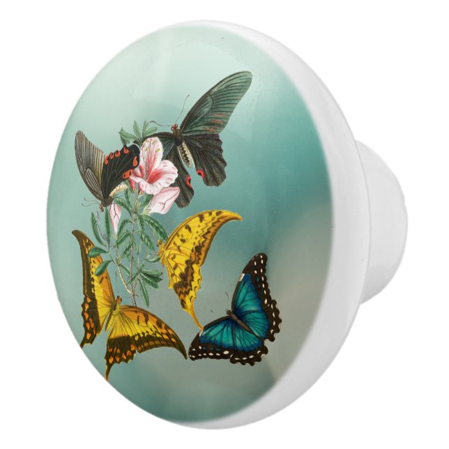 Beautiful vintage flower and butterflies green ceramic knob (Right)