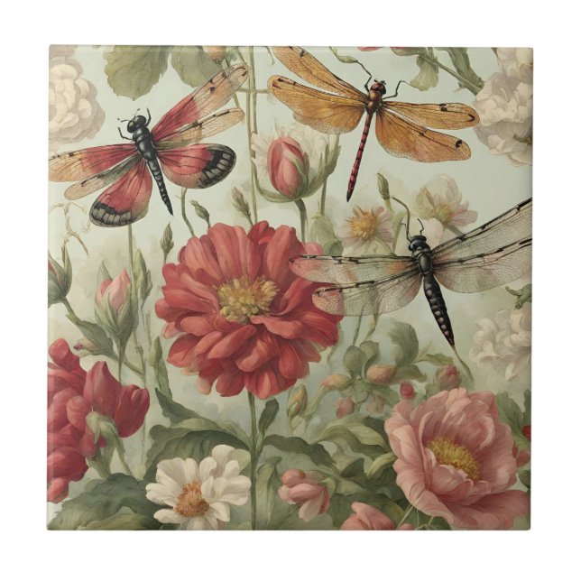 Beautiful Vintage Flowers and Dragonflies  Ceramic Tile (Front)