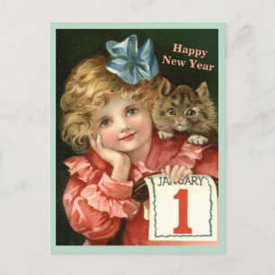 Beautiful Vintage Girl & Kitten copy New Year  Postcard