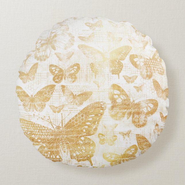 beautiful vintage gold, butterflies pattern, golde round cushion (Front)