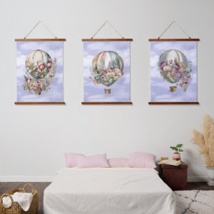 Beautiful Vintage Hot Air Balloons and Flowers Hanging Tapestry