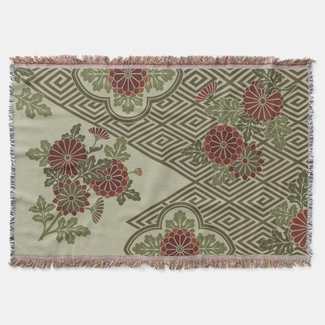 Beautiful Vintage Japanese Floral Throw Blanket (Front)