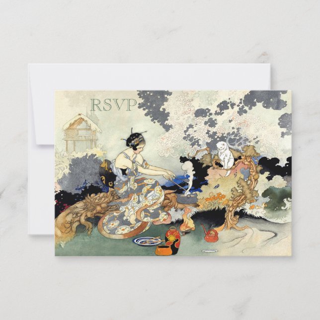 Beautiful Vintage Japanese Garden Party RSVP Card (Front)