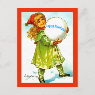 Beautiful Vintage Little Girl Happy Holidays Snow Postcard