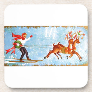 Beautiful Vintage Mid Century Mod Reindeer & Girl Coaster