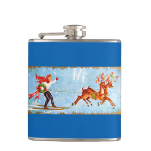 Beautiful Vintage Mid Century Mod Reindeer & Girl Hip Flask