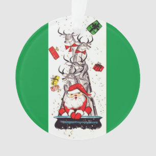 Beautiful Vintage Mid Century Mod Santa & Reindeer Ornament