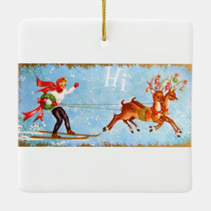 Beautiful Vintage Mid Century Reindeer & Girl Ceramic Tree Decoration
