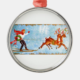 Beautiful Vintage Mid Century Reindeer & Girl Metal Ornament