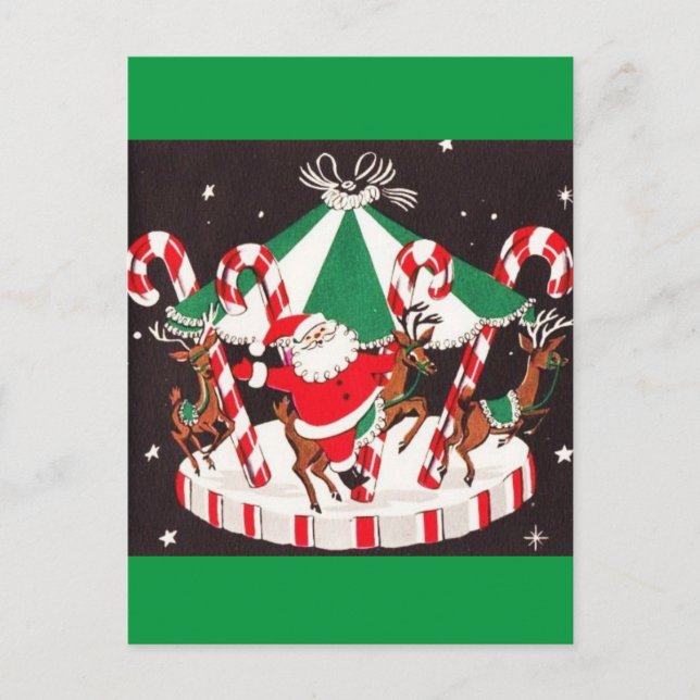Beautiful Vintage Mid Century Santa & Reindeer Holiday Postcard (Front)