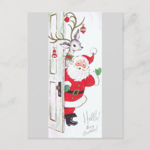 Beautiful Vintage Mid Century Santa & Reindeer Holiday Postcard