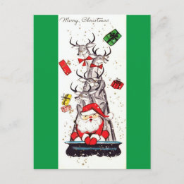 Beautiful Vintage Mid Century Santa & Reindeer Holiday Postcard