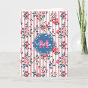 Beautiful vintage monogram roses floral stripes note card