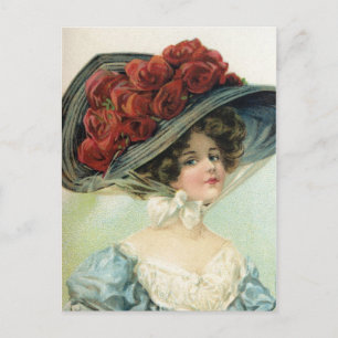 Beautiful vintage painted lady, hat silk roses postcard
