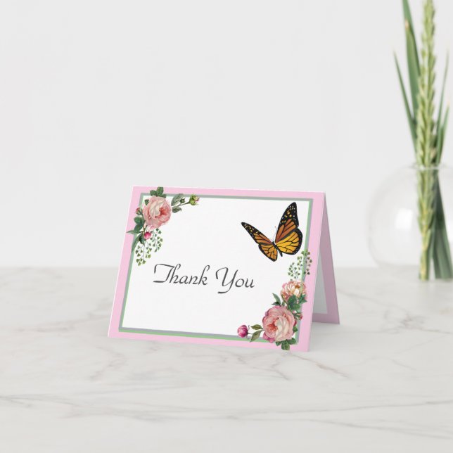 Beautiful Vintage Pink Rose Botanical Thank You Card (Front)