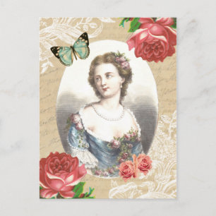 Beautiful vintage postcard with lady and roses