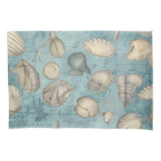 Beautiful Vintage Seashells In Blue Pillowcase (Front)