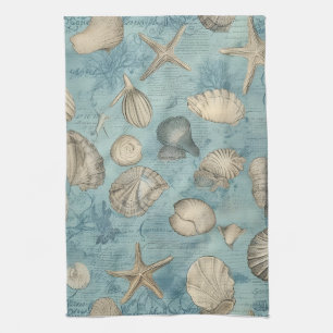 Beautiful Vintage Seashells In Blue Tea Towel