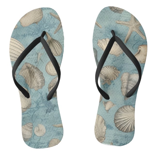 Beautiful Vintage Seashells In Blue Thongs (Footbed)