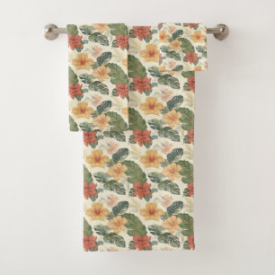 Beautiful Vintage Style Tropical Floral Pattern Bath Towel Set