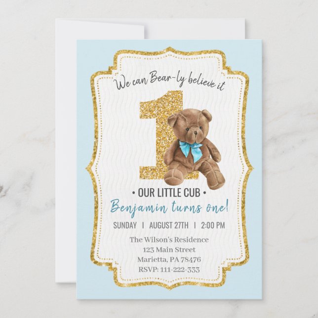 Beautiful Vintage Teddy Bear 1st Birthday Invitation (Front)