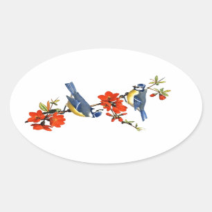 Beautiful vintage tree blossom red flowers birds oval sticker