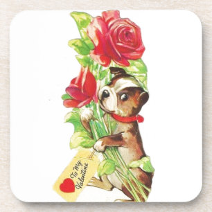 Beautiful Vintage Valentine Boston Terrier Puppy Coaster
