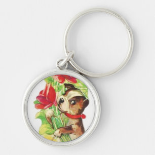 Beautiful Vintage Valentine Boston Terrier Puppy Key Ring