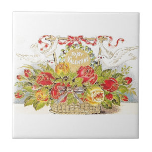 Beautiful Vintage Valentine Doves & Roses Basket Ceramic Tile