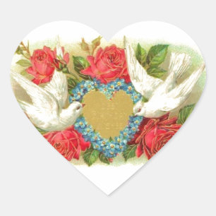 Beautiful Vintage Valentine Doves & Roses Heart Sticker