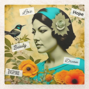 Beautiful Vintage Woman with Bird and Flowers Glass Coaster