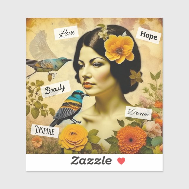 Beautiful Vintage Woman with Birds and Flowers (Sheet)