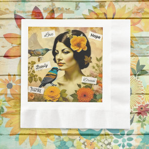 Beautiful Vintage Woman with Birds and Flowers Napkin
