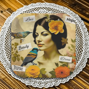 Beautiful Vintage Woman with Birds and Flowers Paper Plate