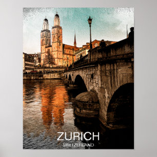 Beautiful Vintage Zurich Switzerland City View Poster