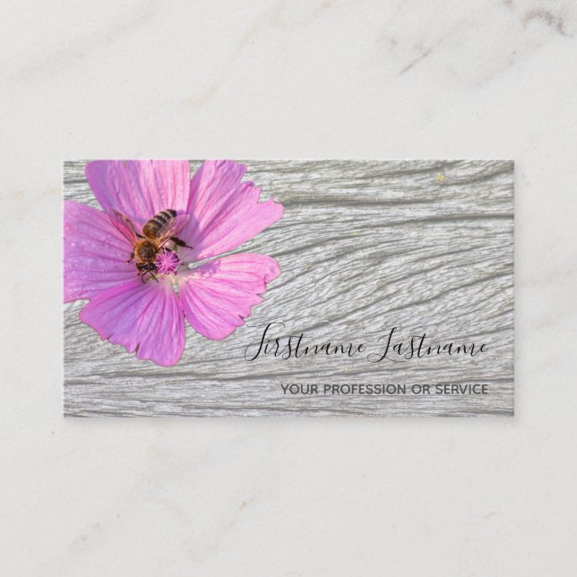 Beautiful violet pink flower blossom on wood business card (Front)