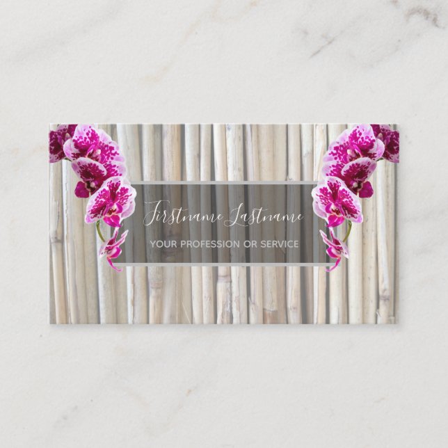 Beautiful violet pink orchid blossoms on bamboo business card (Front)