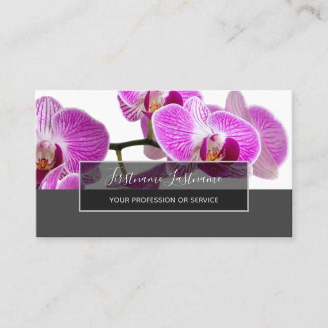 Beautiful violet pink orchid blossoms on grey business card (Front)