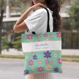 Beautiful Violet Pink Yellow Flowers with Name Tote Bag