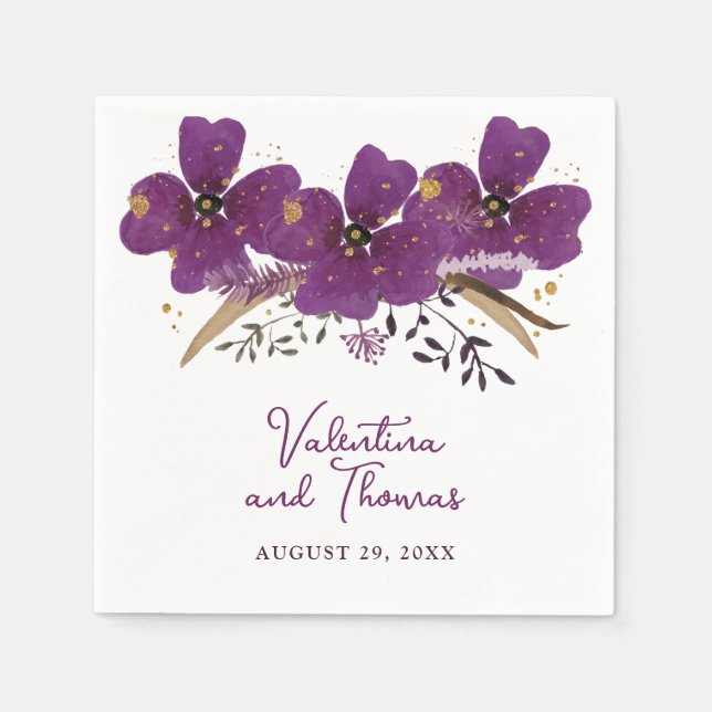Beautiful Violet Watercolor Flowers Paper Napkin (Front)