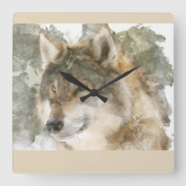 Beautiful Wall Clock - Watercolor Wolf (Front)