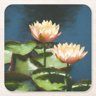 Beautiful water lilies pink against blue water square paper coaster