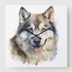 BEAUTIFUL WATERCOLOR ALASKAN MALAMUTE DOG SQUARE WALL CLOCK