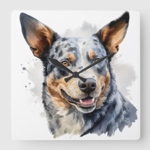BEAUTIFUL WATERCOLOR AUSTRALIAN CATTLE DOG SQUARE WALL CLOCK