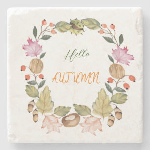 Beautiful watercolor autumn wreath stone coaster