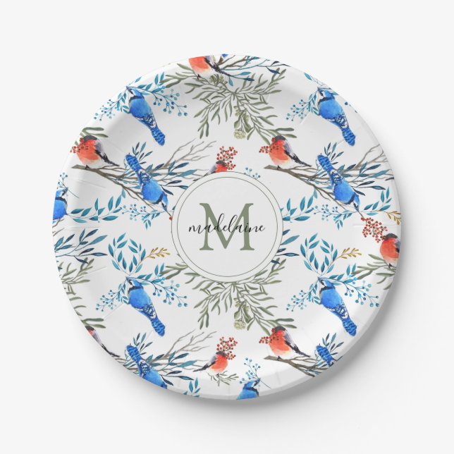 Beautiful Watercolor Birds and Foliage Pattern Paper Plate (Front)