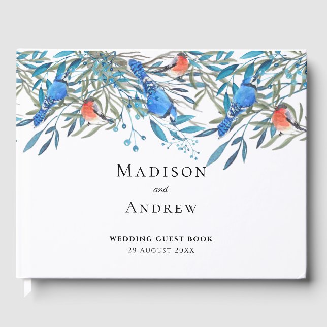 Beautiful Watercolor Birds and Foliage Wedding Guest Book (Front)