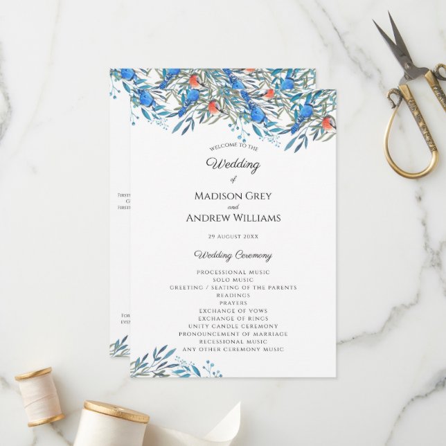 Beautiful Watercolor Birds and Foliage Wedding Program (Front/Back In Situ)