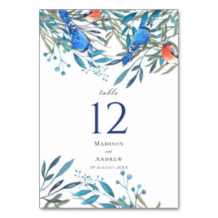 Beautiful Watercolor Birds and Foliage Wedding Table Number