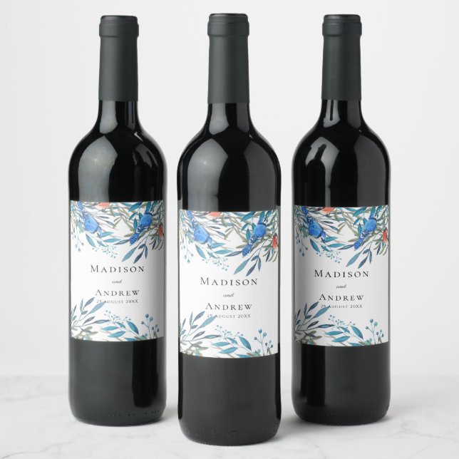 Beautiful Watercolor Birds and Foliage Wedding Wine Label (Bottles)